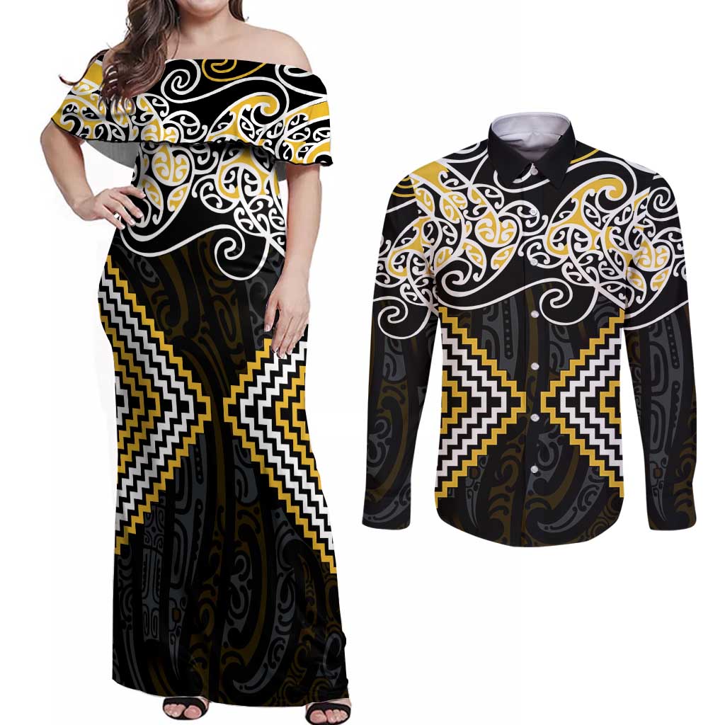 Gold Aotearoa Tukutuku Manawa Tapu Couples Matching Off Shoulder Maxi Dress and Long Sleeve Button Shirt Ta Moko Toi Maori LT9 Gold - Polynesian Pride