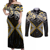 Gold Aotearoa Tukutuku Manawa Tapu Couples Matching Off Shoulder Maxi Dress and Long Sleeve Button Shirt Ta Moko Toi Maori LT9 Gold - Polynesian Pride