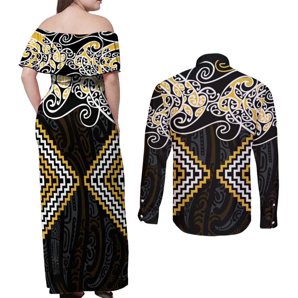 Gold Aotearoa Tukutuku Manawa Tapu Couples Matching Off Shoulder Maxi Dress and Long Sleeve Button Shirt Ta Moko Toi Maori LT9 - Polynesian Pride
