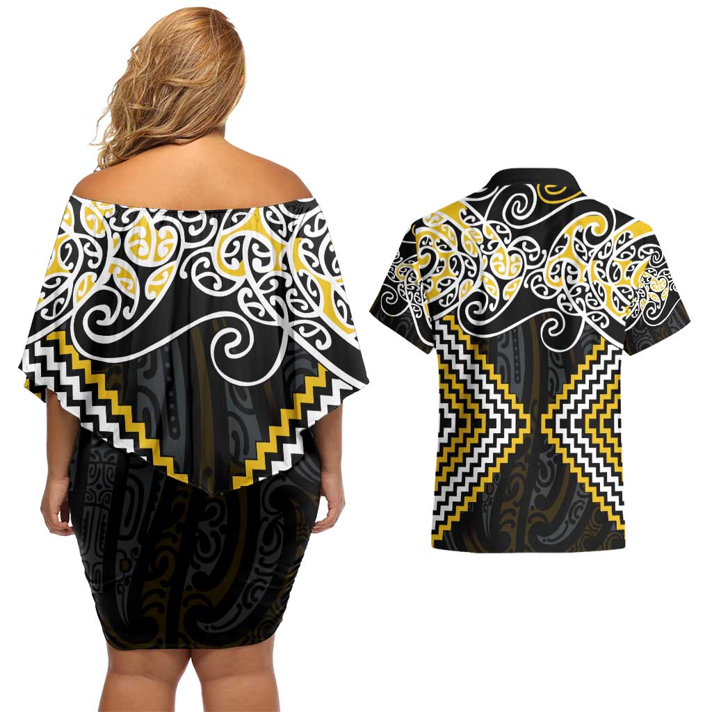 Gold Aotearoa Tukutuku Manawa Tapu Couples Matching Off Shoulder Short Dress and Hawaiian Shirt Ta Moko Toi Maori LT9 - Polynesian Pride