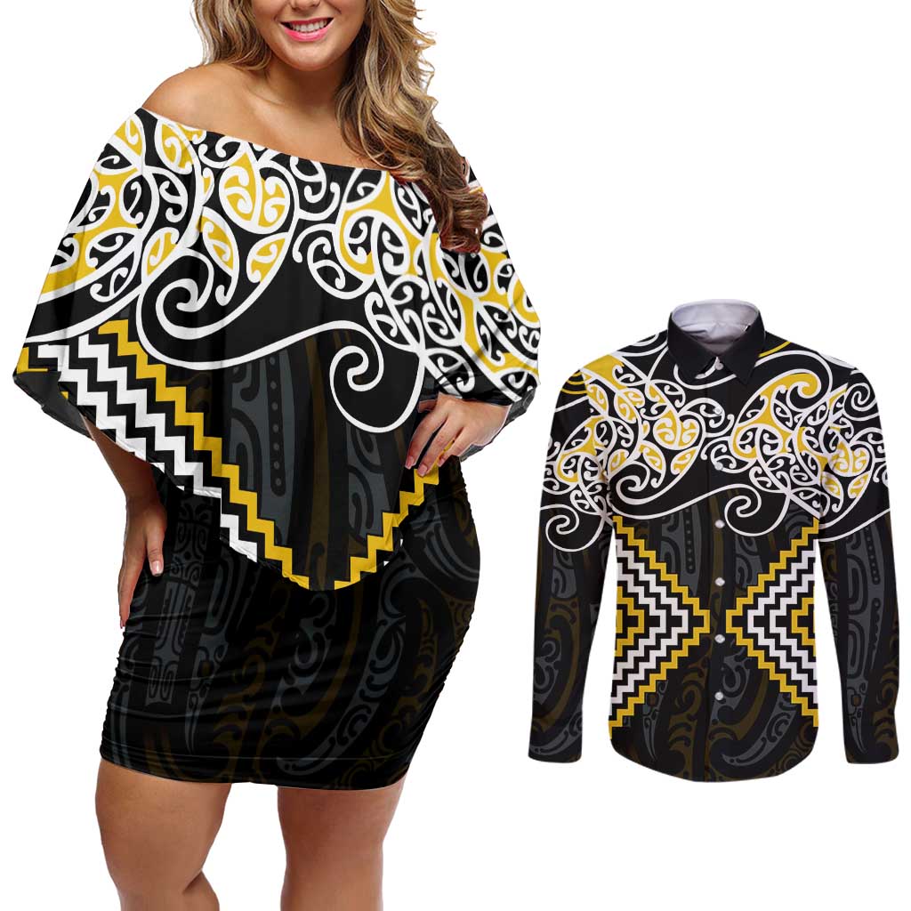 Gold Aotearoa Tukutuku Manawa Tapu Couples Matching Off Shoulder Short Dress and Long Sleeve Button Shirt Ta Moko Toi Maori LT9 Gold - Polynesian Pride