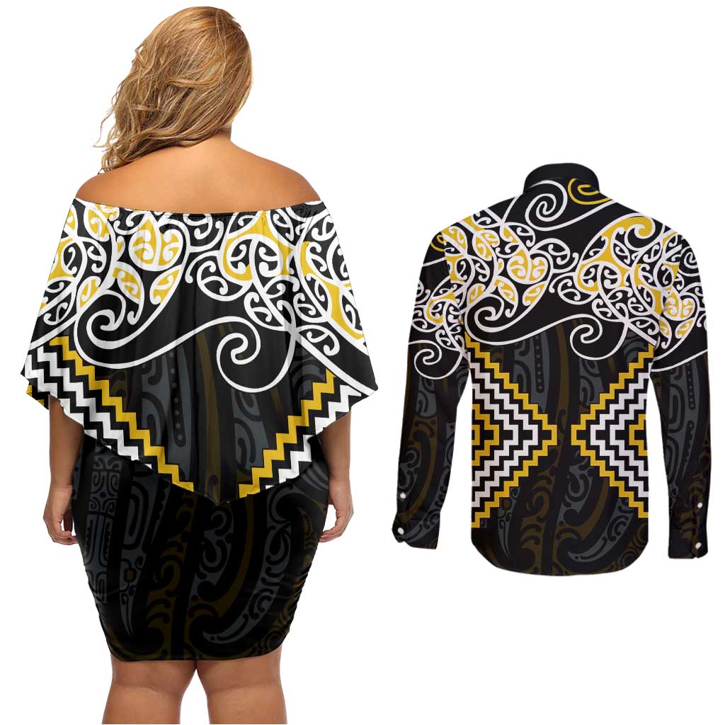 Gold Aotearoa Tukutuku Manawa Tapu Couples Matching Off Shoulder Short Dress and Long Sleeve Button Shirt Ta Moko Toi Maori LT9 - Polynesian Pride