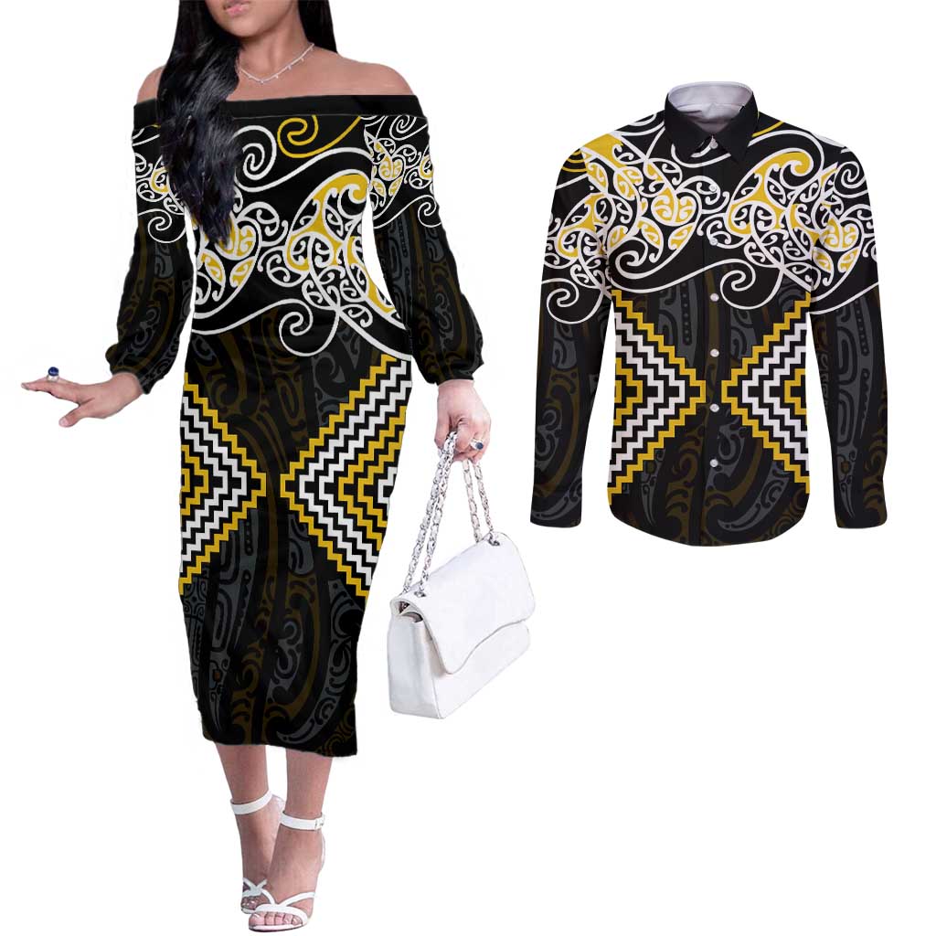 Gold Aotearoa Tukutuku Manawa Tapu Couples Matching Off The Shoulder Long Sleeve Dress and Long Sleeve Button Shirt Ta Moko Toi Maori LT9 Gold - Polynesian Pride