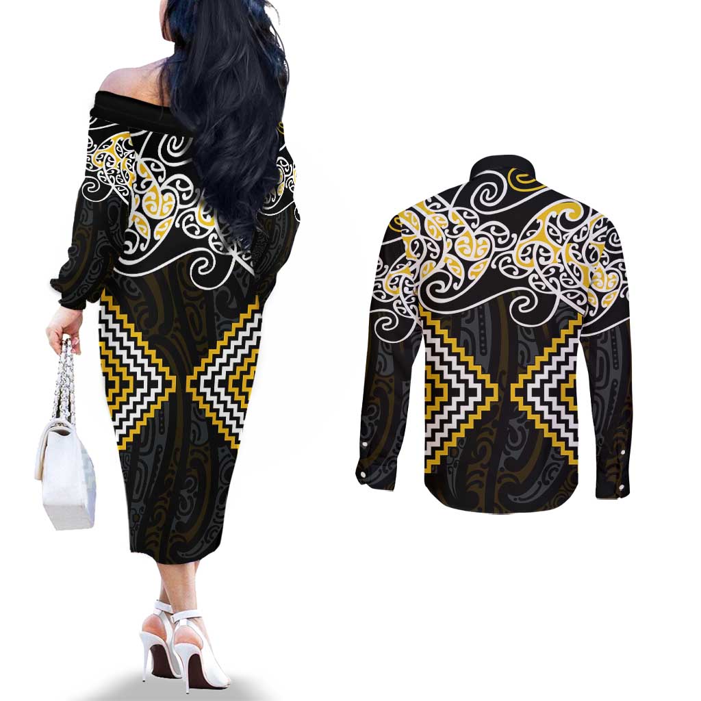 Gold Aotearoa Tukutuku Manawa Tapu Couples Matching Off The Shoulder Long Sleeve Dress and Long Sleeve Button Shirt Ta Moko Toi Maori LT9 - Polynesian Pride