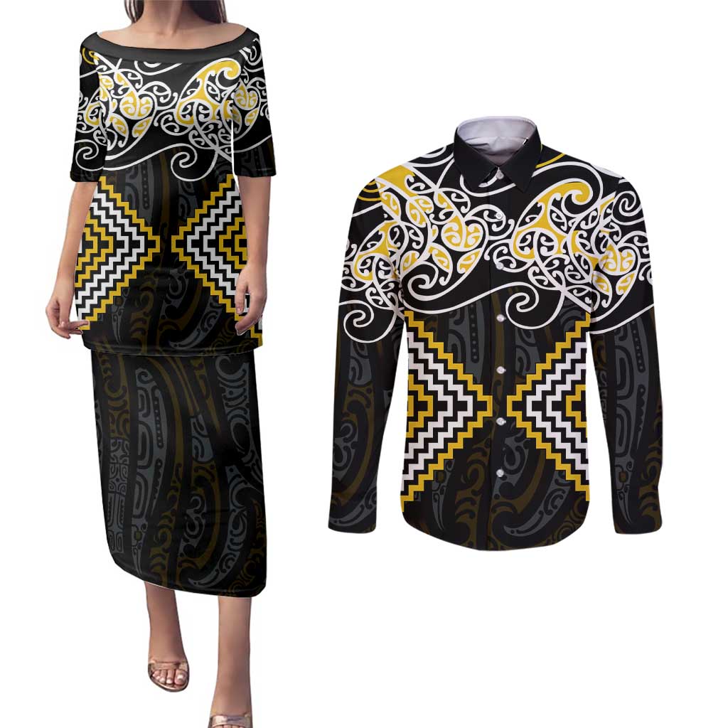 Gold Aotearoa Tukutuku Manawa Tapu Couples Matching Puletasi and Long Sleeve Button Shirt Ta Moko Toi Maori LT9 Gold - Polynesian Pride