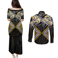 Gold Aotearoa Tukutuku Manawa Tapu Couples Matching Puletasi and Long Sleeve Button Shirt Ta Moko Toi Maori LT9 - Polynesian Pride