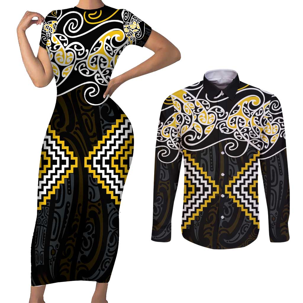 Gold Aotearoa Tukutuku Manawa Tapu Couples Matching Short Sleeve Bodycon Dress and Long Sleeve Button Shirt Ta Moko Toi Maori LT9 Gold - Polynesian Pride