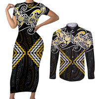 Gold Aotearoa Tukutuku Manawa Tapu Couples Matching Short Sleeve Bodycon Dress and Long Sleeve Button Shirt Ta Moko Toi Maori LT9 Gold - Polynesian Pride