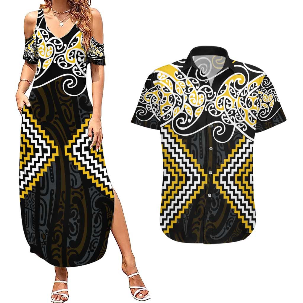 Gold Aotearoa Tukutuku Manawa Tapu Couples Matching Summer Maxi Dress and Hawaiian Shirt Ta Moko Toi Maori LT9 Gold - Polynesian Pride