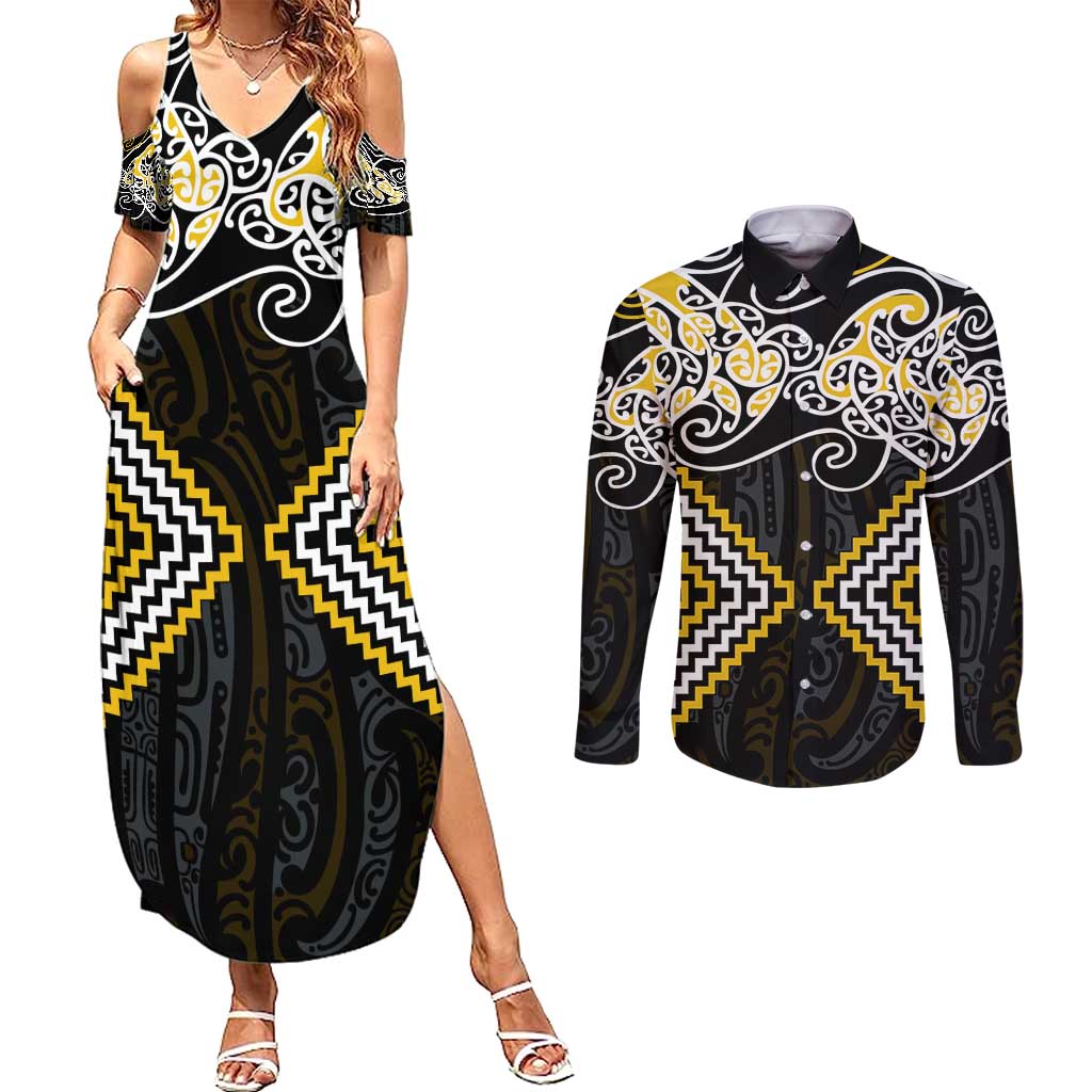 Gold Aotearoa Tukutuku Manawa Tapu Couples Matching Summer Maxi Dress and Long Sleeve Button Shirt Ta Moko Toi Maori LT9 Gold - Polynesian Pride