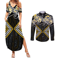 Gold Aotearoa Tukutuku Manawa Tapu Couples Matching Summer Maxi Dress and Long Sleeve Button Shirt Ta Moko Toi Maori LT9 Gold - Polynesian Pride