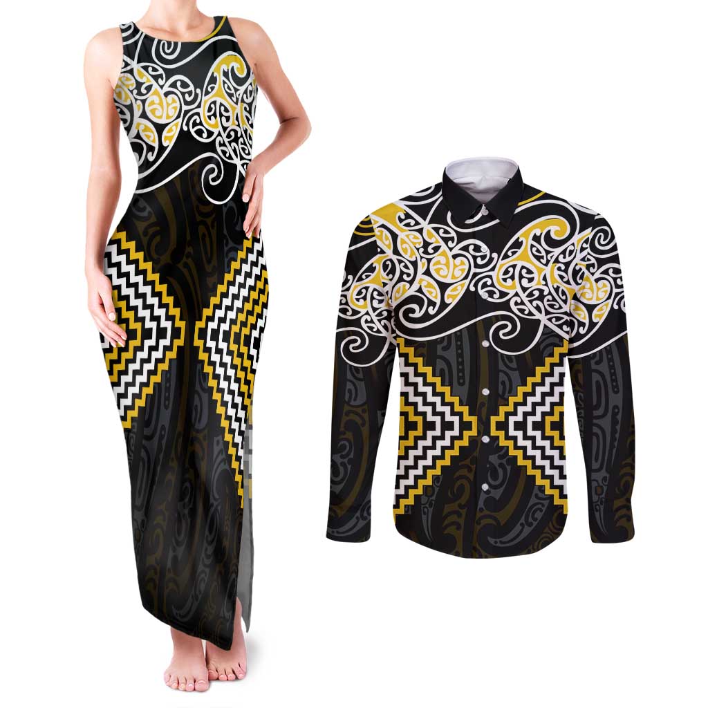 Gold Aotearoa Tukutuku Manawa Tapu Couples Matching Tank Maxi Dress and Long Sleeve Button Shirt Ta Moko Toi Maori LT9 Gold - Polynesian Pride