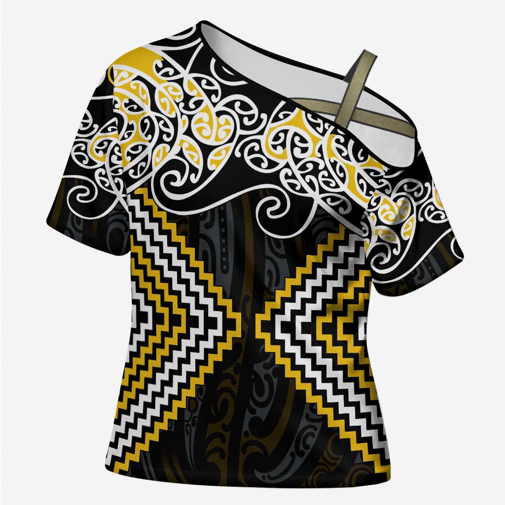 Gold Aotearoa Tukutuku Manawa Tapu Cross Shoulder Shirt Ta Moko Toi Maori LT9 Female Gold - Polynesian Pride