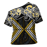 Gold Aotearoa Tukutuku Manawa Tapu Cross Shoulder Shirt Ta Moko Toi Maori LT9 - Polynesian Pride