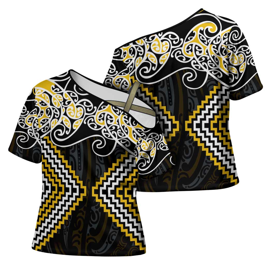 Gold Aotearoa Tukutuku Manawa Tapu Cross Shoulder Shirt Ta Moko Toi Maori LT9 - Polynesian Pride