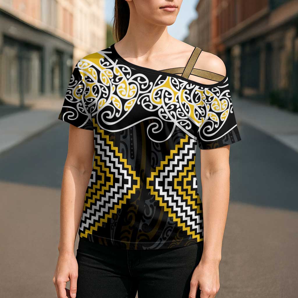 Gold Aotearoa Tukutuku Manawa Tapu Cross Shoulder Shirt Ta Moko Toi Maori LT9 - Polynesian Pride