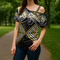 Gold Aotearoa Tukutuku Manawa Tapu Cross Shoulder Shirt Ta Moko Toi Maori LT9 - Polynesian Pride