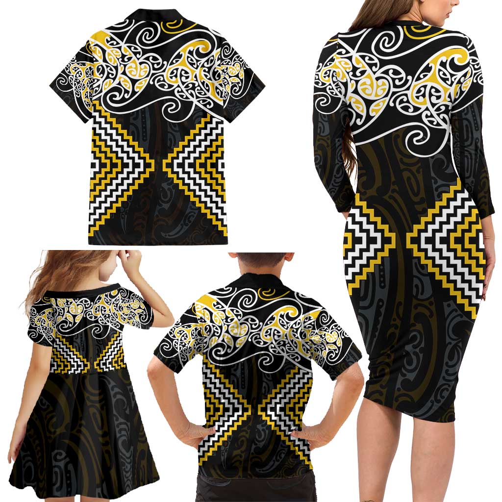 Gold Aotearoa Tukutuku Manawa Tapu Family Matching Long Sleeve Bodycon Dress and Hawaiian Shirt Ta Moko Toi Maori LT9 - Polynesian Pride