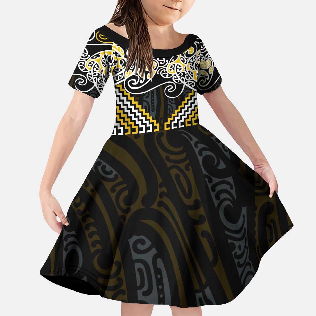 Gold Aotearoa Tukutuku Manawa Tapu Family Matching Mermaid Dress and Hawaiian Shirt Ta Moko Toi Maori LT9 Daughter's Dress Gold - Polynesian Pride