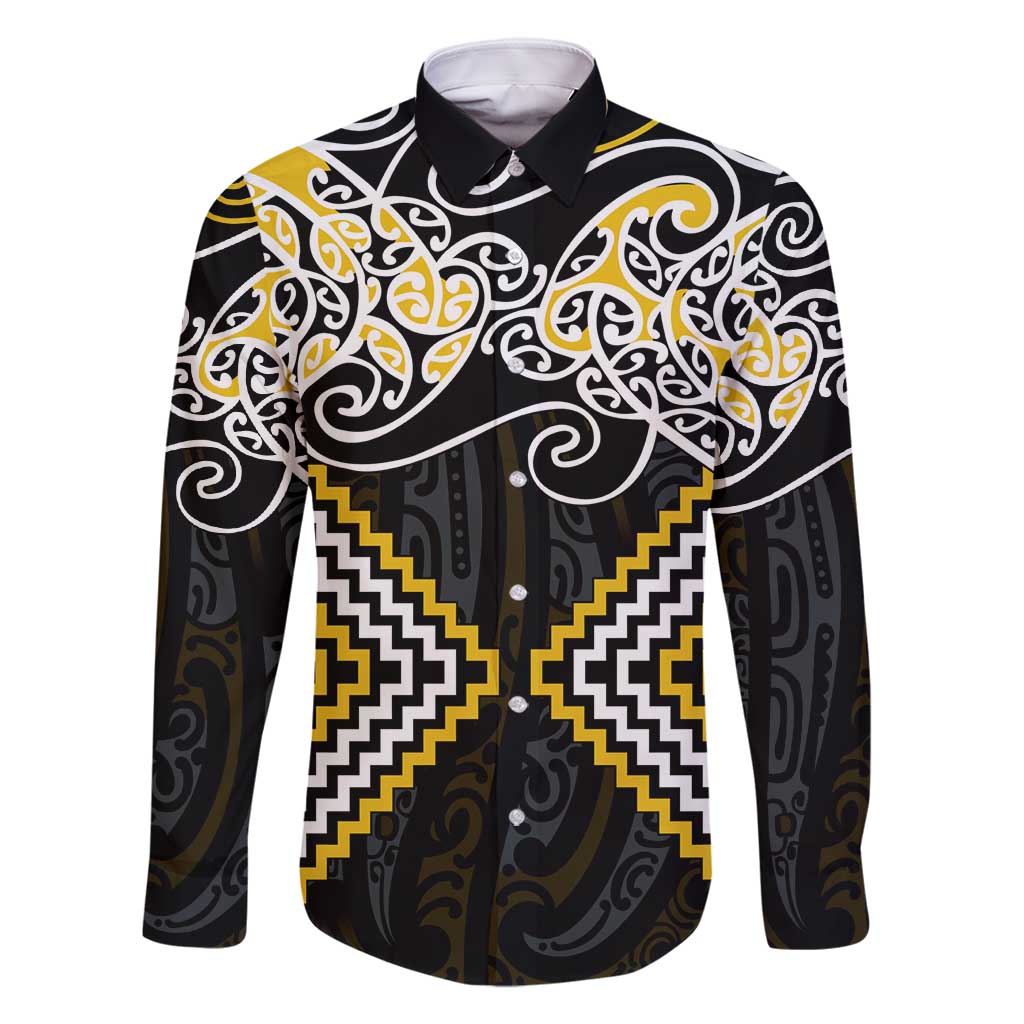 Gold Aotearoa Tukutuku Manawa Tapu Family Matching Mermaid Dress and Hawaiian Shirt Ta Moko Toi Maori LT9 Dad's Shirt - Long Sleeve Gold - Polynesian Pride