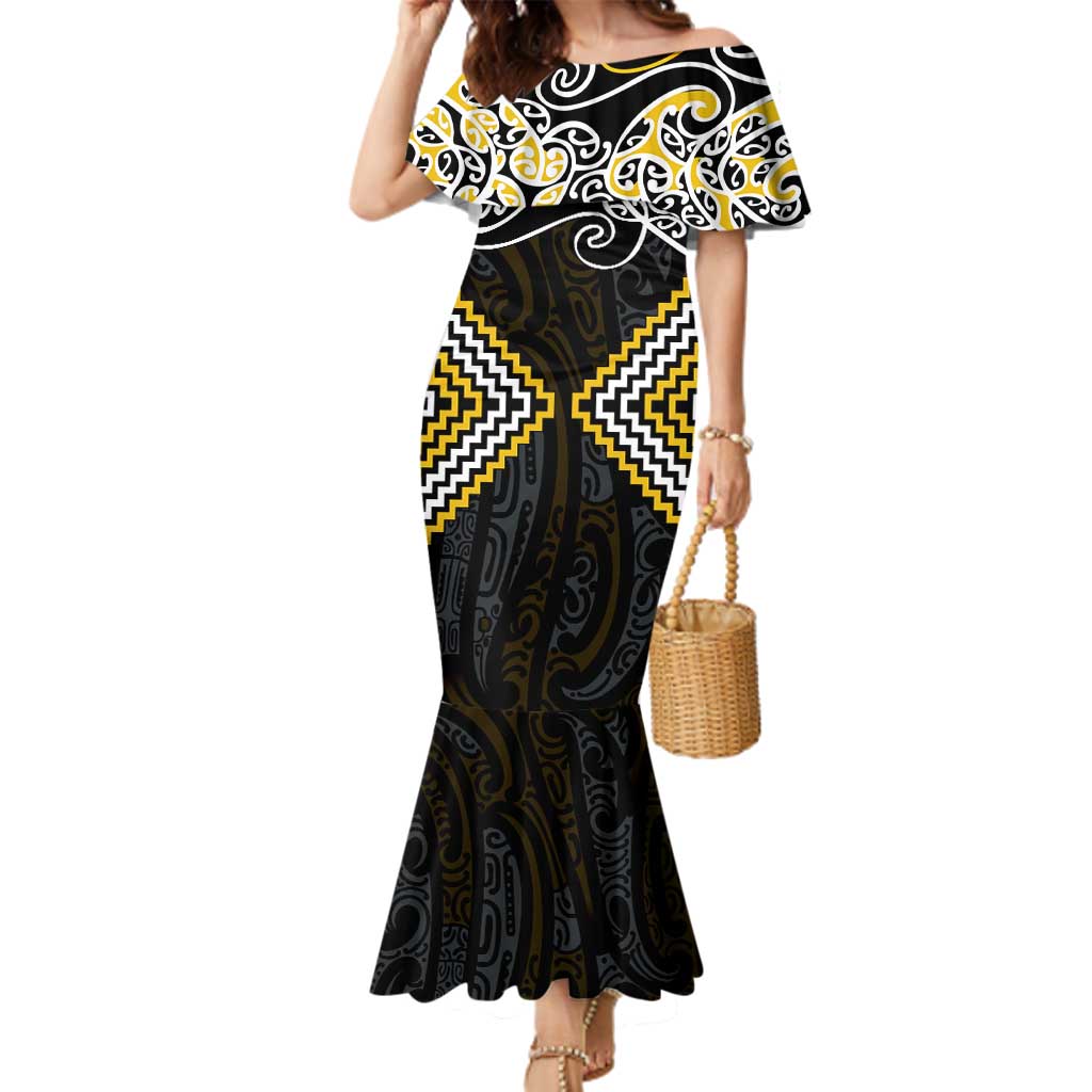 Gold Aotearoa Tukutuku Manawa Tapu Family Matching Mermaid Dress and Hawaiian Shirt Ta Moko Toi Maori LT9 Mom's Dress Gold - Polynesian Pride
