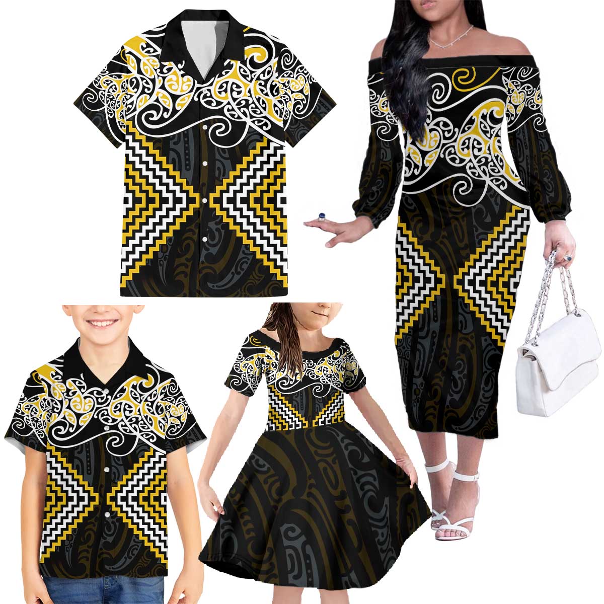 Gold Aotearoa Tukutuku Manawa Tapu Family Matching Off The Shoulder Long Sleeve Dress and Hawaiian Shirt Ta Moko Toi Maori LT9 - Polynesian Pride