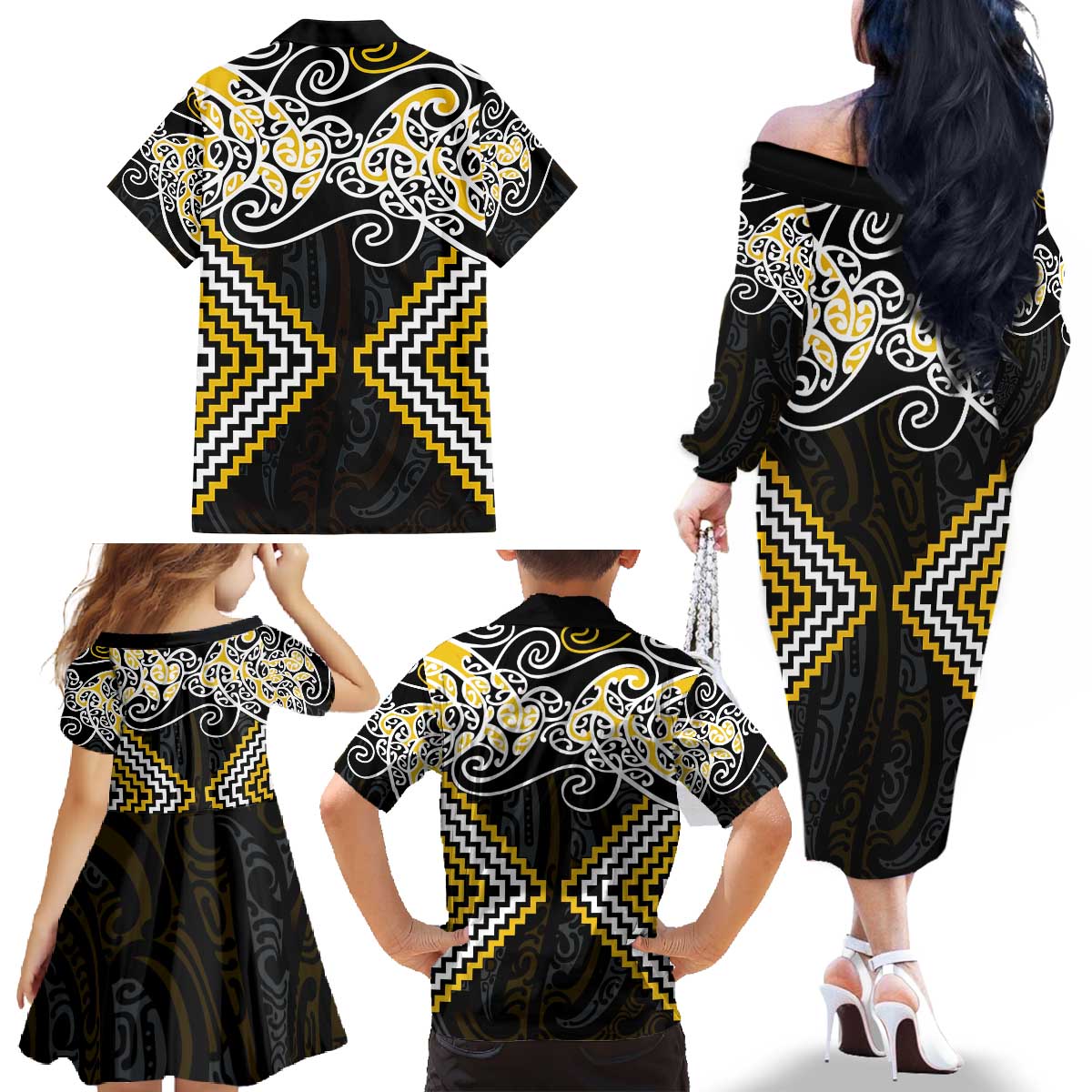 Gold Aotearoa Tukutuku Manawa Tapu Family Matching Off The Shoulder Long Sleeve Dress and Hawaiian Shirt Ta Moko Toi Maori LT9 - Polynesian Pride