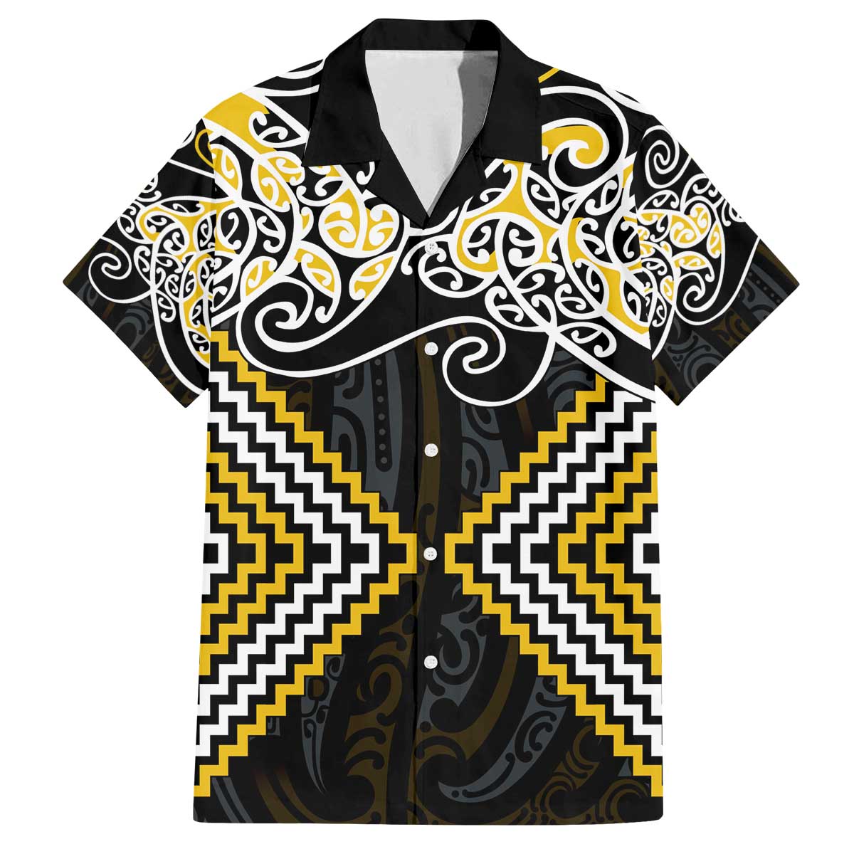 Gold Aotearoa Tukutuku Manawa Tapu Family Matching Off The Shoulder Long Sleeve Dress and Hawaiian Shirt Ta Moko Toi Maori LT9 Dad's Shirt - Short Sleeve Gold - Polynesian Pride