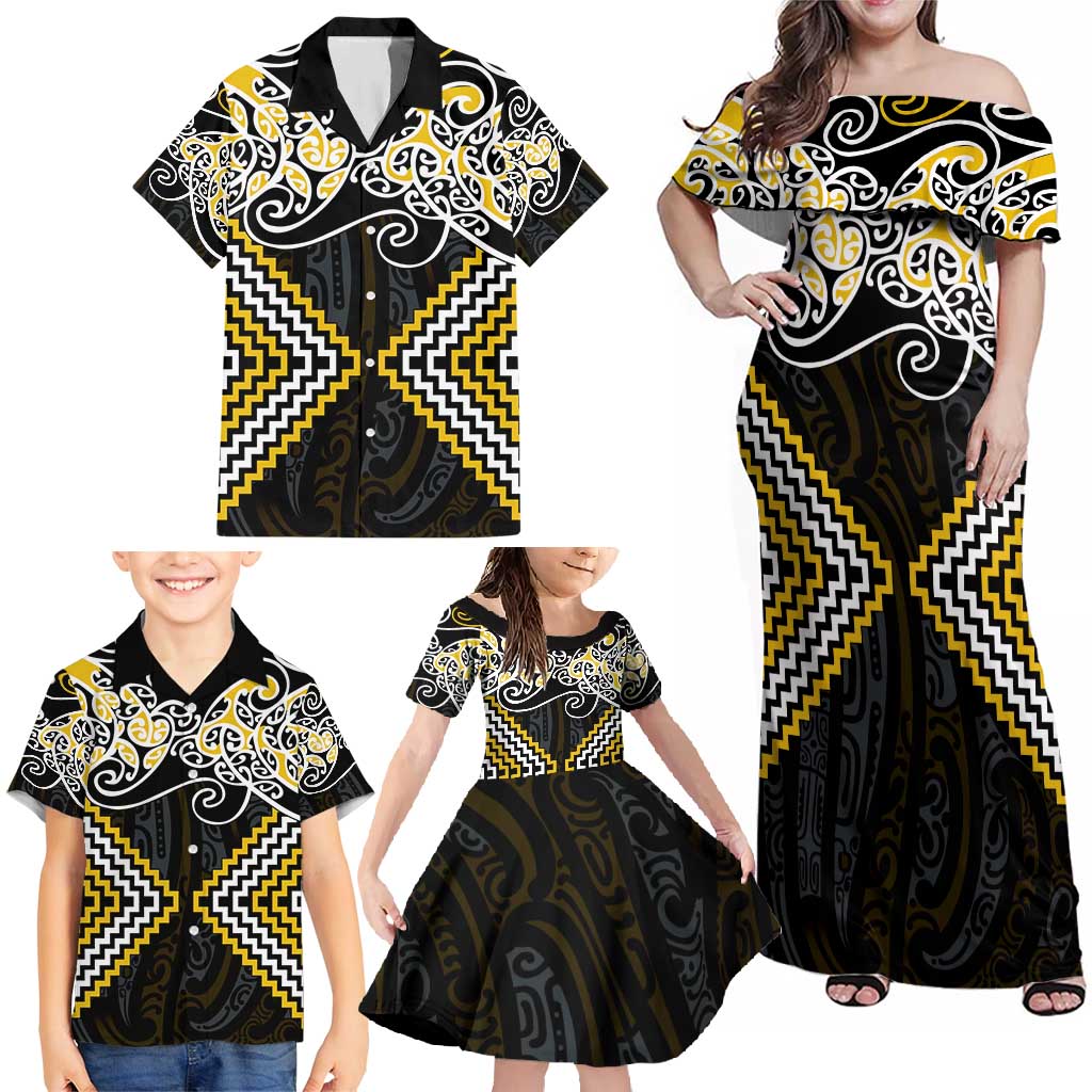 Gold Aotearoa Tukutuku Manawa Tapu Family Matching Off Shoulder Maxi Dress and Hawaiian Shirt Ta Moko Toi Maori LT9 - Polynesian Pride
