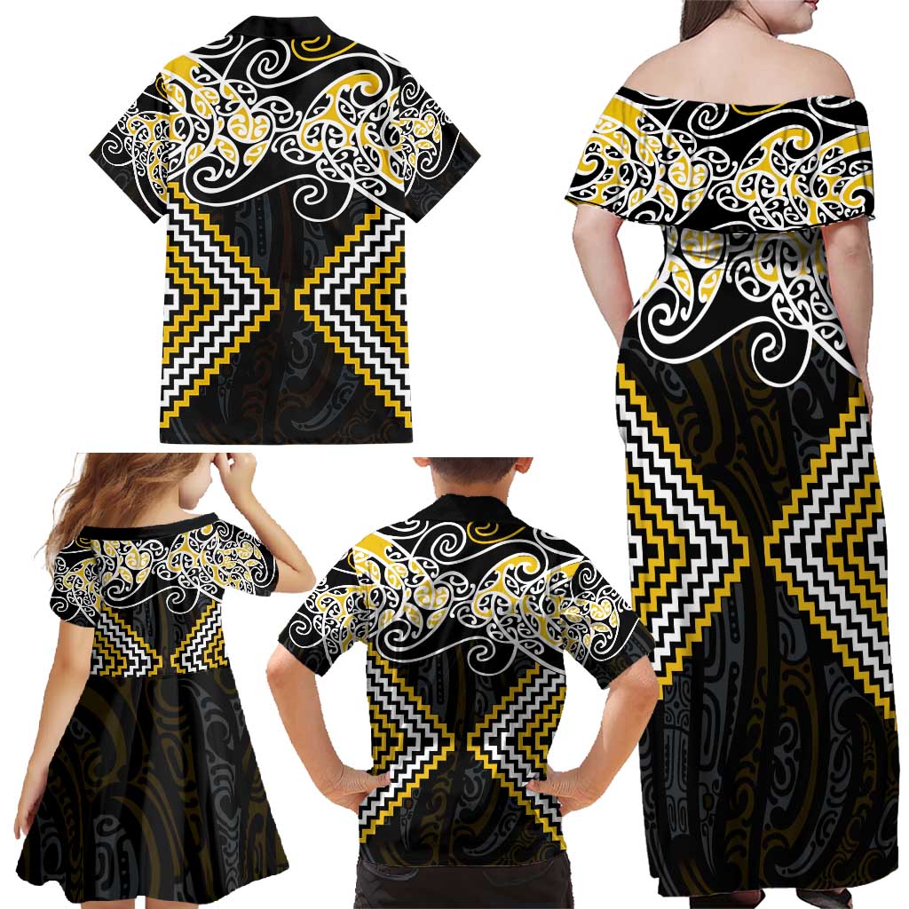 Gold Aotearoa Tukutuku Manawa Tapu Family Matching Off Shoulder Maxi Dress and Hawaiian Shirt Ta Moko Toi Maori LT9 - Polynesian Pride