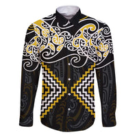 Gold Aotearoa Tukutuku Manawa Tapu Family Matching Off Shoulder Maxi Dress and Hawaiian Shirt Ta Moko Toi Maori LT9 Dad's Shirt - Long Sleeve Gold - Polynesian Pride