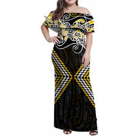 Gold Aotearoa Tukutuku Manawa Tapu Family Matching Off Shoulder Maxi Dress and Hawaiian Shirt Ta Moko Toi Maori LT9 Mom's Dress Gold - Polynesian Pride