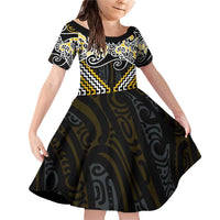 Gold Aotearoa Tukutuku Manawa Tapu Family Matching Off Shoulder Short Dress and Hawaiian Shirt Ta Moko Toi Maori LT9 Daughter's Dress Gold - Polynesian Pride