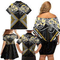 Gold Aotearoa Tukutuku Manawa Tapu Family Matching Off Shoulder Short Dress and Hawaiian Shirt Ta Moko Toi Maori LT9 - Polynesian Pride