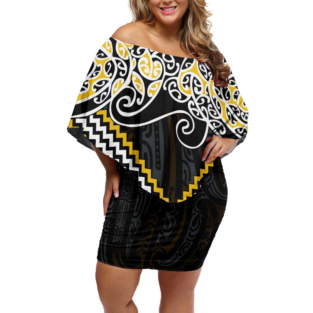 Gold Aotearoa Tukutuku Manawa Tapu Family Matching Off Shoulder Short Dress and Hawaiian Shirt Ta Moko Toi Maori LT9 Mom's Dress Gold - Polynesian Pride