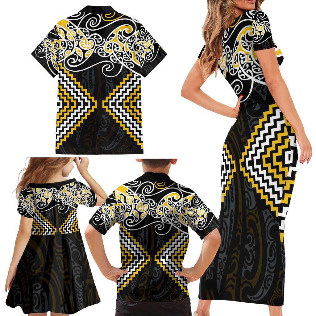 Gold Aotearoa Tukutuku Manawa Tapu Family Matching Short Sleeve Bodycon Dress and Hawaiian Shirt Ta Moko Toi Maori LT9 - Polynesian Pride