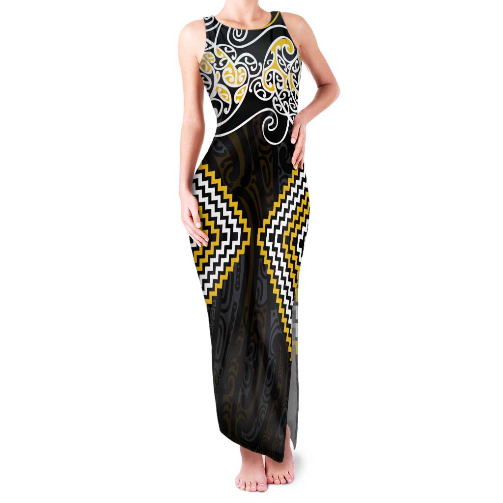 Gold Aotearoa Tukutuku Manawa Tapu Family Matching Tank Maxi Dress and Hawaiian Shirt Ta Moko Toi Maori LT9 Mom's Dress Gold - Polynesian Pride