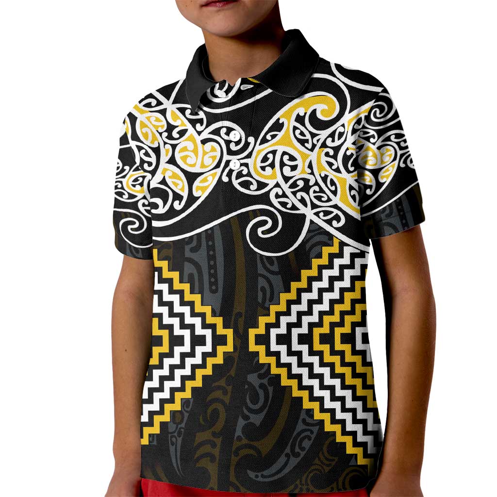 Gold Aotearoa Tukutuku Manawa Tapu Kid Polo Shirt Ta Moko Toi Maori LT9 Kid Gold - Polynesian Pride