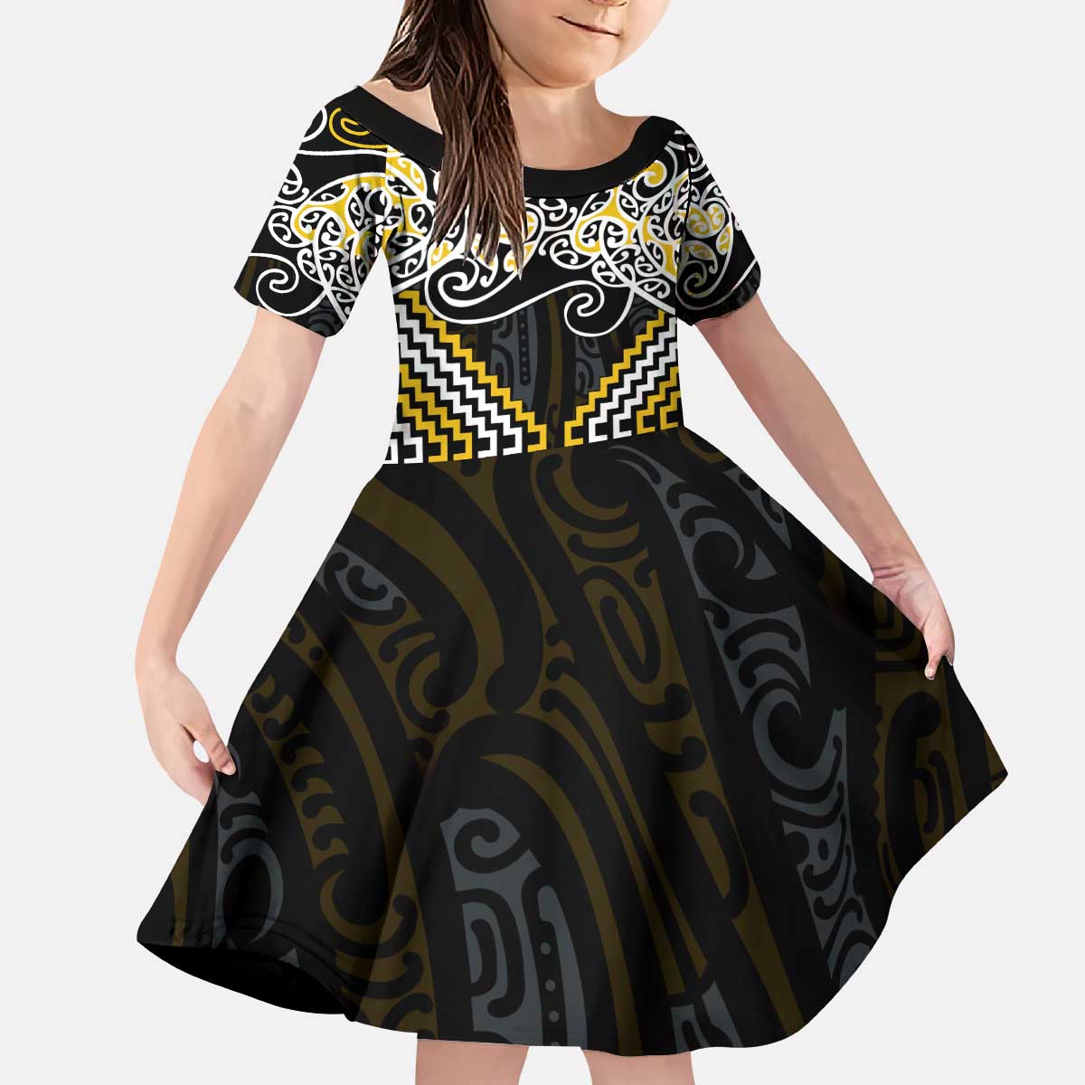 Gold Aotearoa Tukutuku Manawa Tapu Kid Short Sleeve Dress Ta Moko Toi Maori LT9 KID Gold - Polynesian Pride