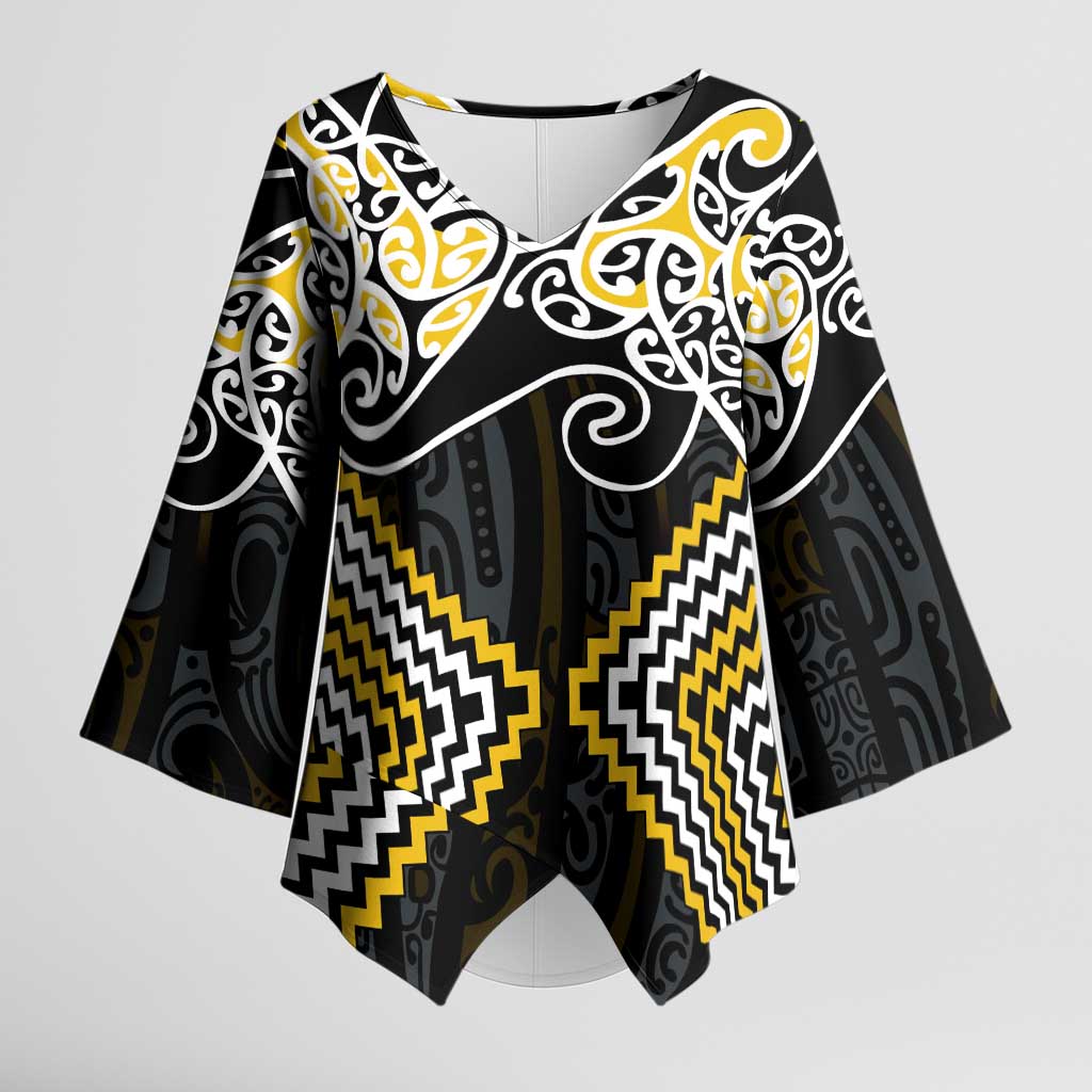 Gold Aotearoa Tukutuku Manawa Tapu Kimono Sleeve Blouse Ta Moko Toi Maori LT9 Female Gold - Polynesian Pride