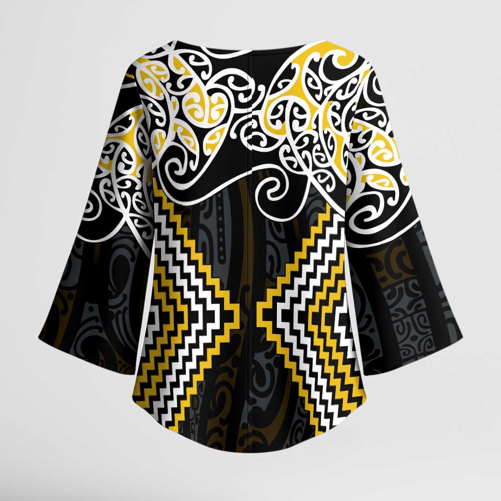 Gold Aotearoa Tukutuku Manawa Tapu Kimono Sleeve Blouse Ta Moko Toi Maori LT9 - Polynesian Pride