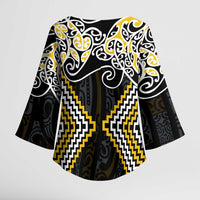 Gold Aotearoa Tukutuku Manawa Tapu Kimono Sleeve Blouse Ta Moko Toi Maori LT9 - Polynesian Pride