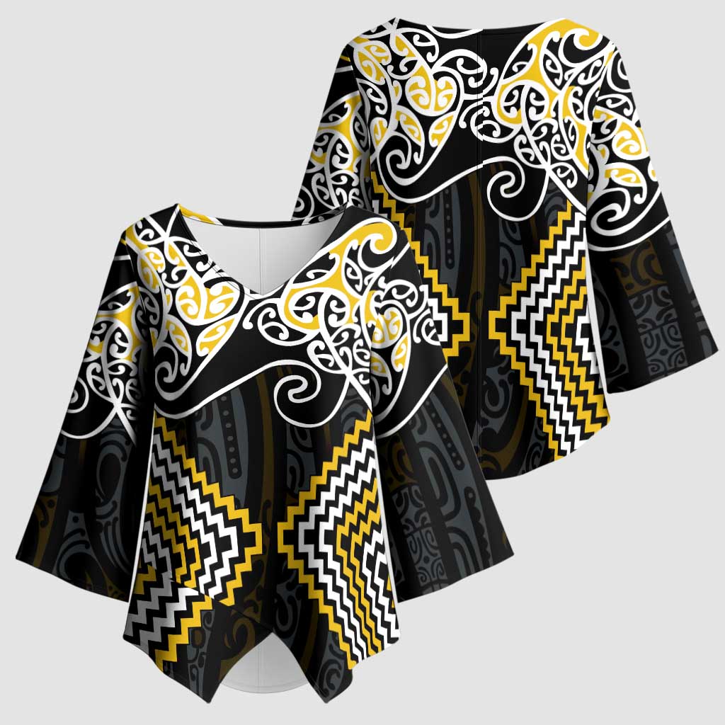 Gold Aotearoa Tukutuku Manawa Tapu Kimono Sleeve Blouse Ta Moko Toi Maori LT9 - Polynesian Pride