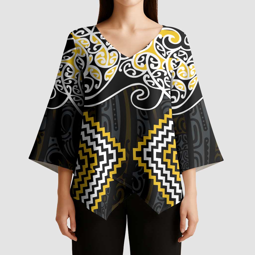 Gold Aotearoa Tukutuku Manawa Tapu Kimono Sleeve Blouse Ta Moko Toi Maori LT9 - Polynesian Pride