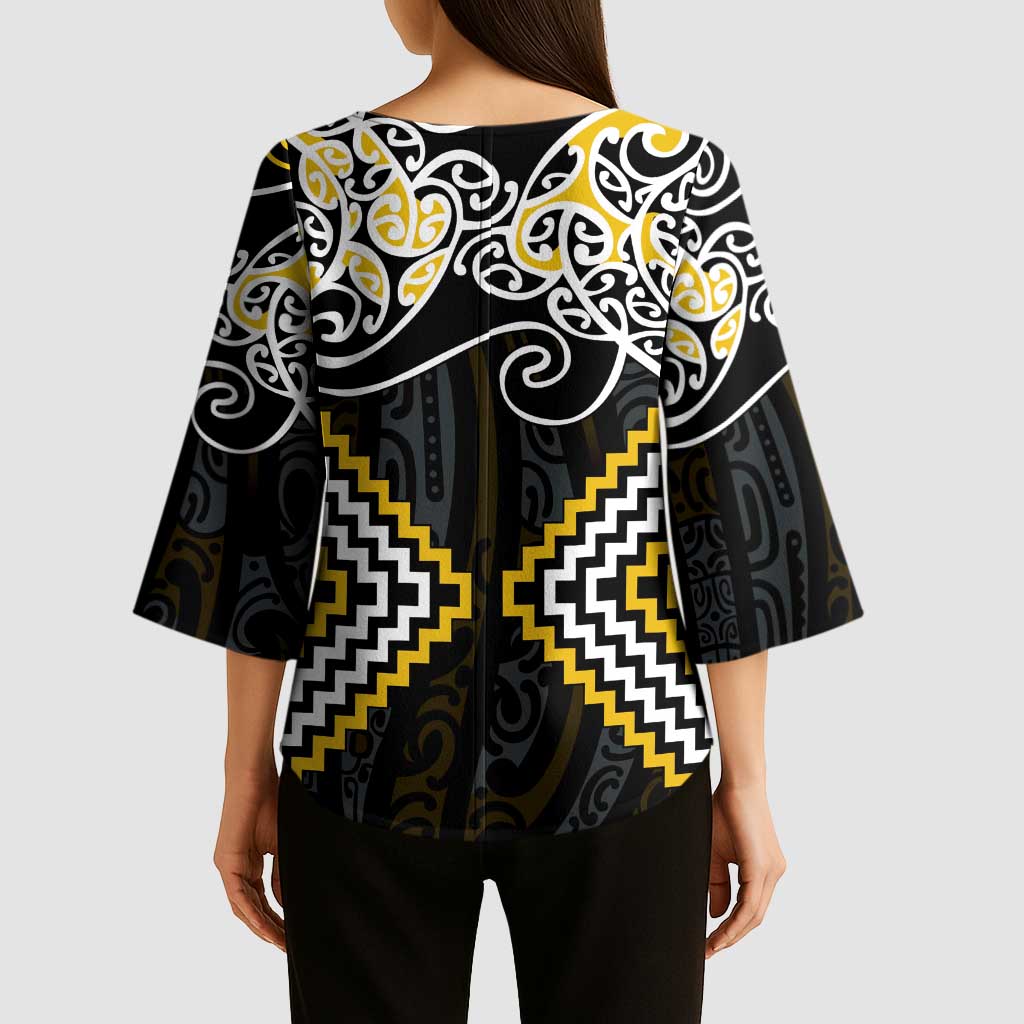 Gold Aotearoa Tukutuku Manawa Tapu Kimono Sleeve Blouse Ta Moko Toi Maori LT9 - Polynesian Pride
