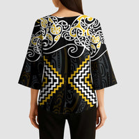 Gold Aotearoa Tukutuku Manawa Tapu Kimono Sleeve Blouse Ta Moko Toi Maori LT9 - Polynesian Pride