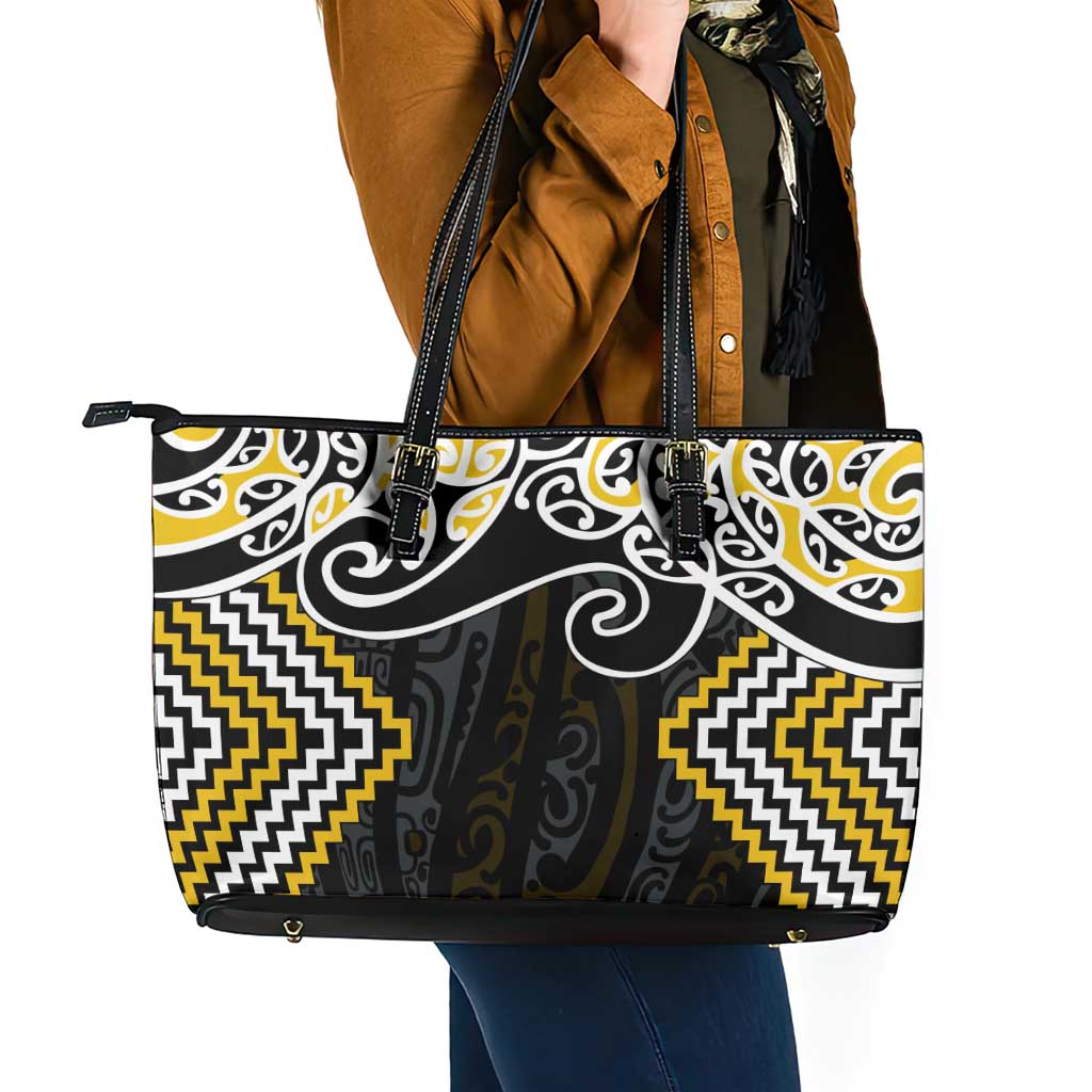 Gold Aotearoa Tukutuku Manawa Tapu Leather Tote Bag Ta Moko Toi Maori LT9 - Polynesian Pride