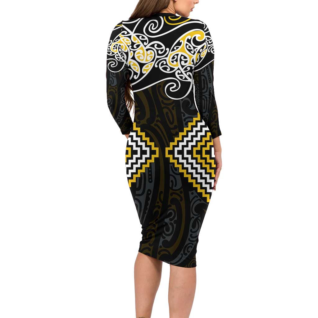 Gold Aotearoa Tukutuku Manawa Tapu Long Sleeve Bodycon Dress Ta Moko Toi Maori LT9 - Polynesian Pride