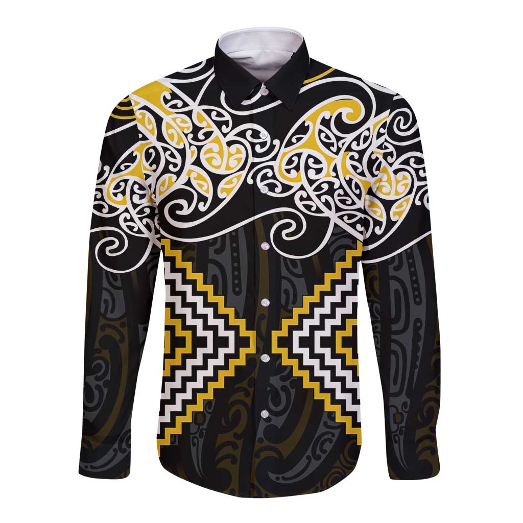 Gold Aotearoa Tukutuku Manawa Tapu Long Sleeve Button Shirt Ta Moko Toi Maori LT9 Unisex Gold - Polynesian Pride