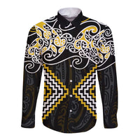 Gold Aotearoa Tukutuku Manawa Tapu Long Sleeve Button Shirt Ta Moko Toi Maori LT9 Unisex Gold - Polynesian Pride